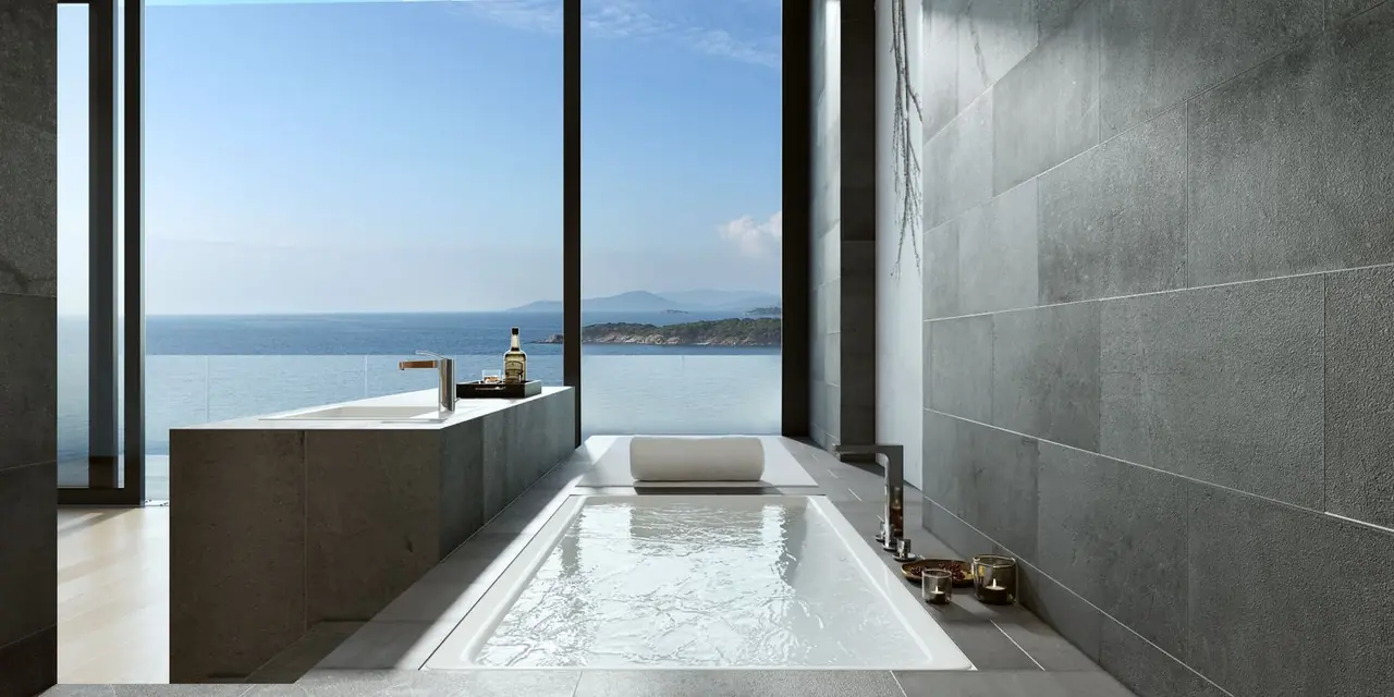 Minimalist luxury bathroom with ocean view