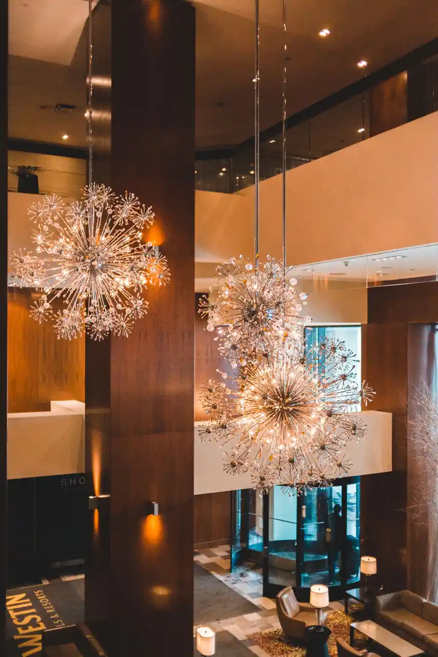 Elegant hotel lobby with crystal chandeliers