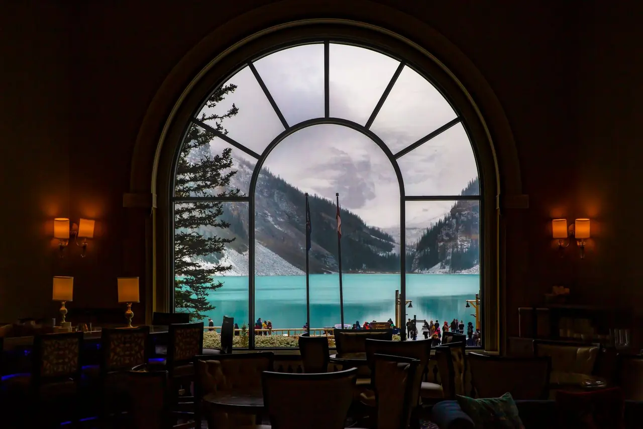Scenic mountain view through a resort window